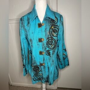 Bleu Bayou Be Happy Blue Hipster Western Button Down Embroidered Shirt size L